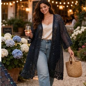 Vintage Navy Blue Sequin Beaded Flapper Dress Duster Jacket Gatsby Art Deco